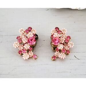 Vintage Leru Designer Pink and Cream Floral Earrings